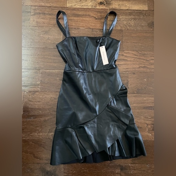 BCBGENERATION-Women's Faux-Leather Flounce-Hem Mini Dress-XS-black Retail $128 - Picture 2 of 12